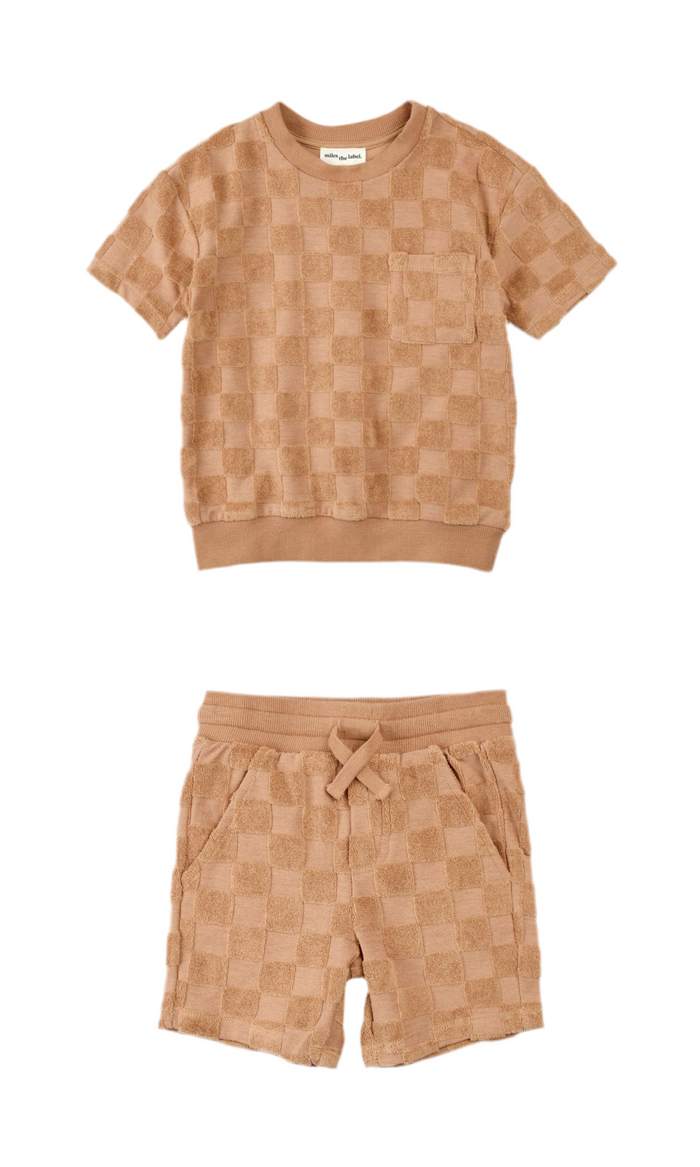 MILES THE LABEL: EMBOSSED CHECKERBOARD TERRY CLOTH TOP & SHORTS SET - ROSEWOOD
