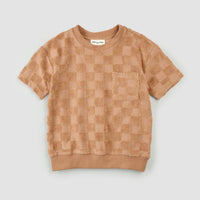 MILES THE LABEL: EMBOSSED CHECKERBOARD TERRY CLOTH TOP & SHORTS SET - ROSEWOOD