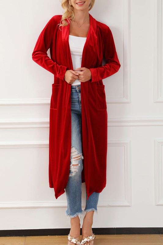 VELVET OPEN LONG CARDIGAN DUSTER - RED
