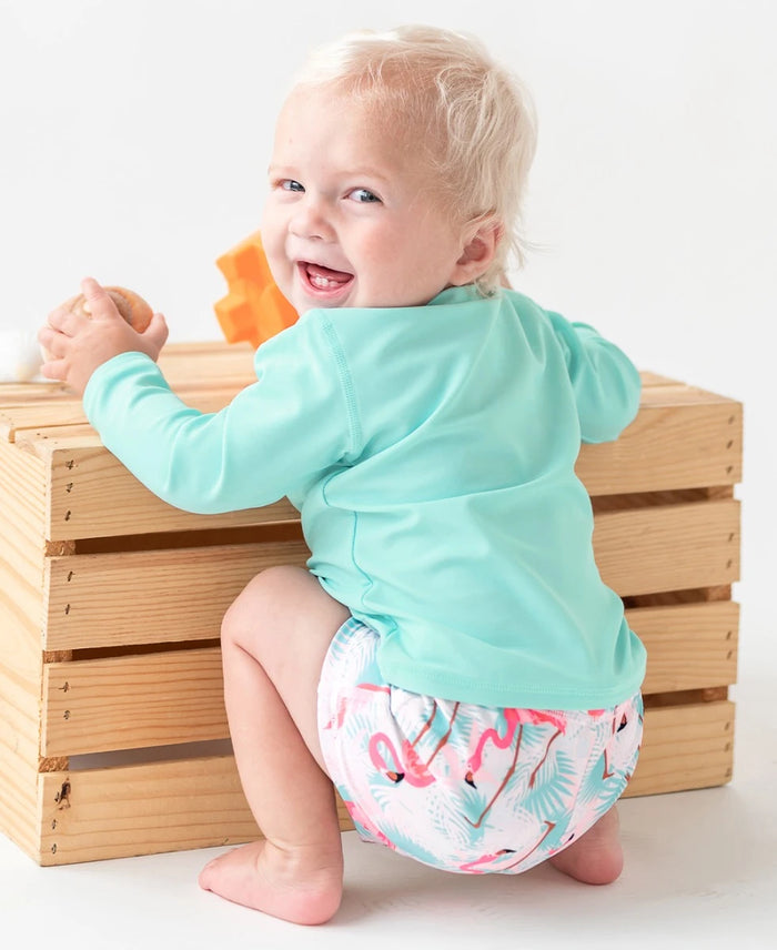 RUGGED BUTTS: SUN PROTECTION SWIM SHORTIES - VIBRANT FLAMINGO