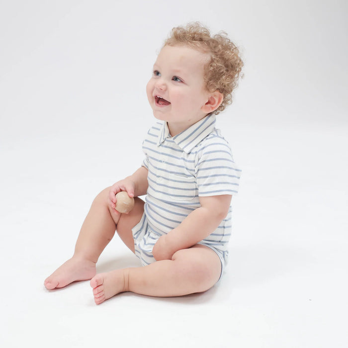 ANGEL DEAR: FRENCH STRIPE POLO SHORTIE - DUSTY BLUE