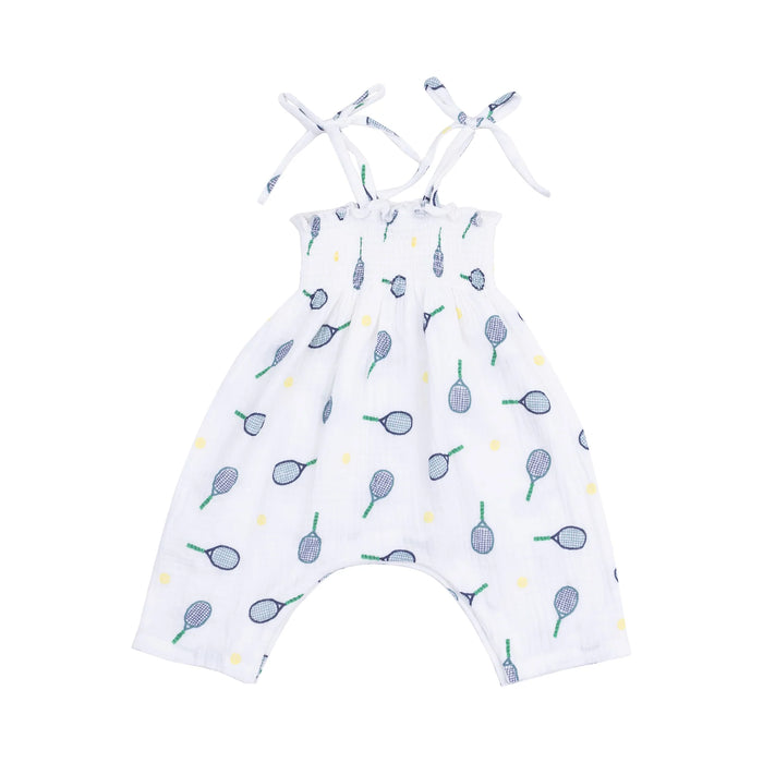 ANGEL DEAR: TIE STRAP SMOCKED ROMPER - TENNIS