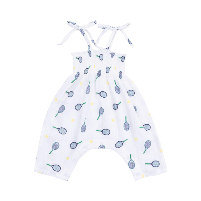 ANGEL DEAR: TIE STRAP SMOCKED ROMPER - TENNIS
