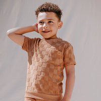 MILES THE LABEL: EMBOSSED CHECKERBOARD TERRY CLOTH TOP & SHORTS SET - ROSEWOOD