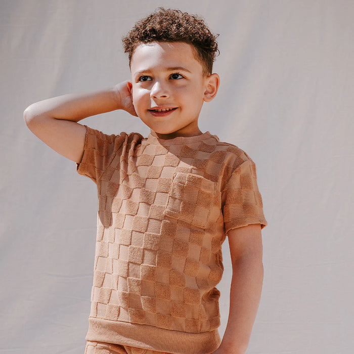MILES THE LABEL: EMBOSSED CHECKERBOARD TERRY CLOTH TOP & SHORTS SET - ROSEWOOD