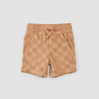 MILES THE LABEL: EMBOSSED CHECKERBOARD TERRY CLOTH TOP & SHORTS SET - ROSEWOOD