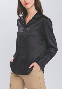 SATIN BUTTON UP LONG SLEEVE TOP - BLACK