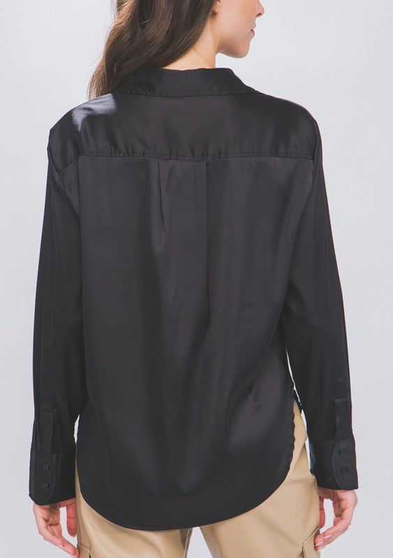 SATIN BUTTON UP LONG SLEEVE TOP - BLACK