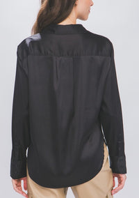 SATIN BUTTON UP LONG SLEEVE TOP - BLACK