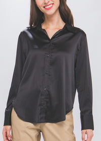 SATIN BUTTON UP LONG SLEEVE TOP - BLACK