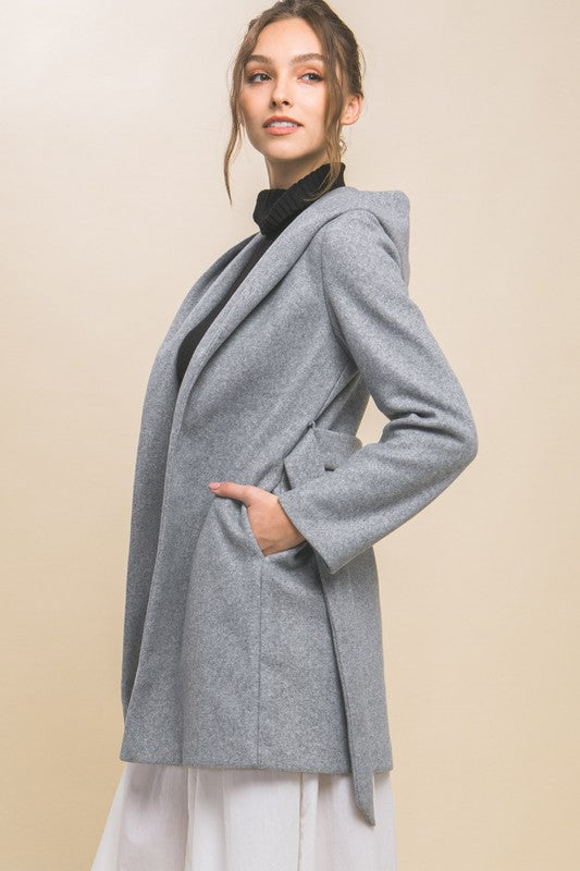 JQ FLEECE BELTED HOODIE COAT - GREY