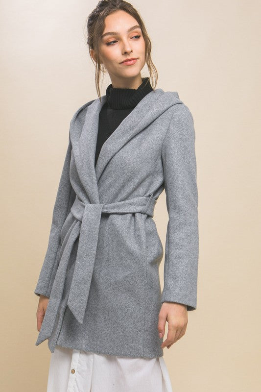 JQ FLEECE BELTED HOODIE COAT - GREY