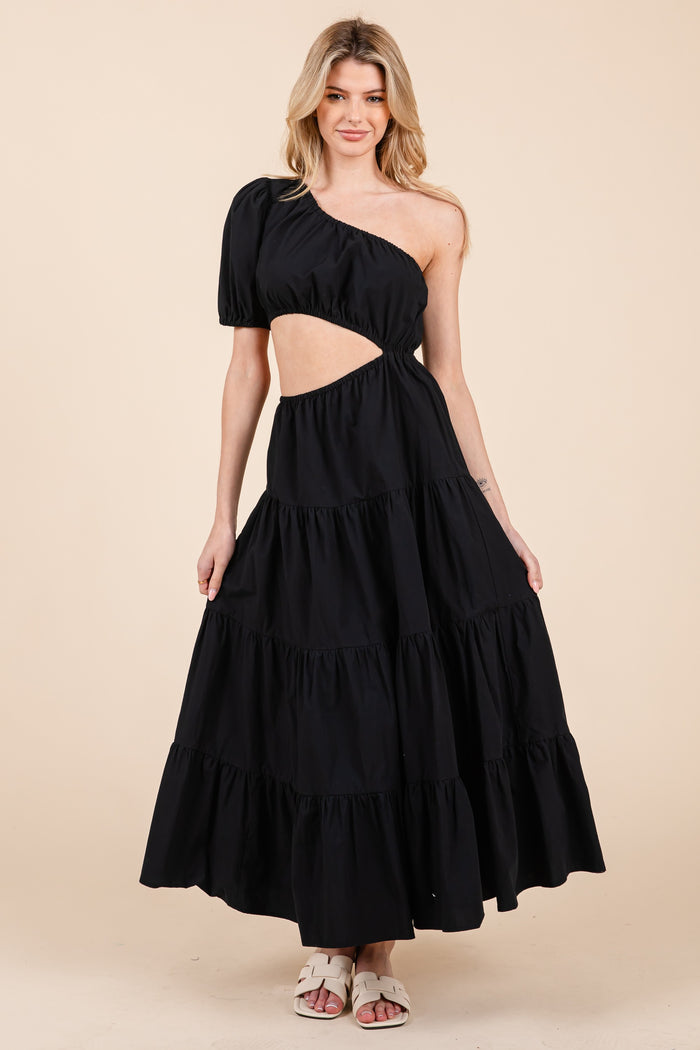 ONE SHOULDER MIDI DRESS - BLACK