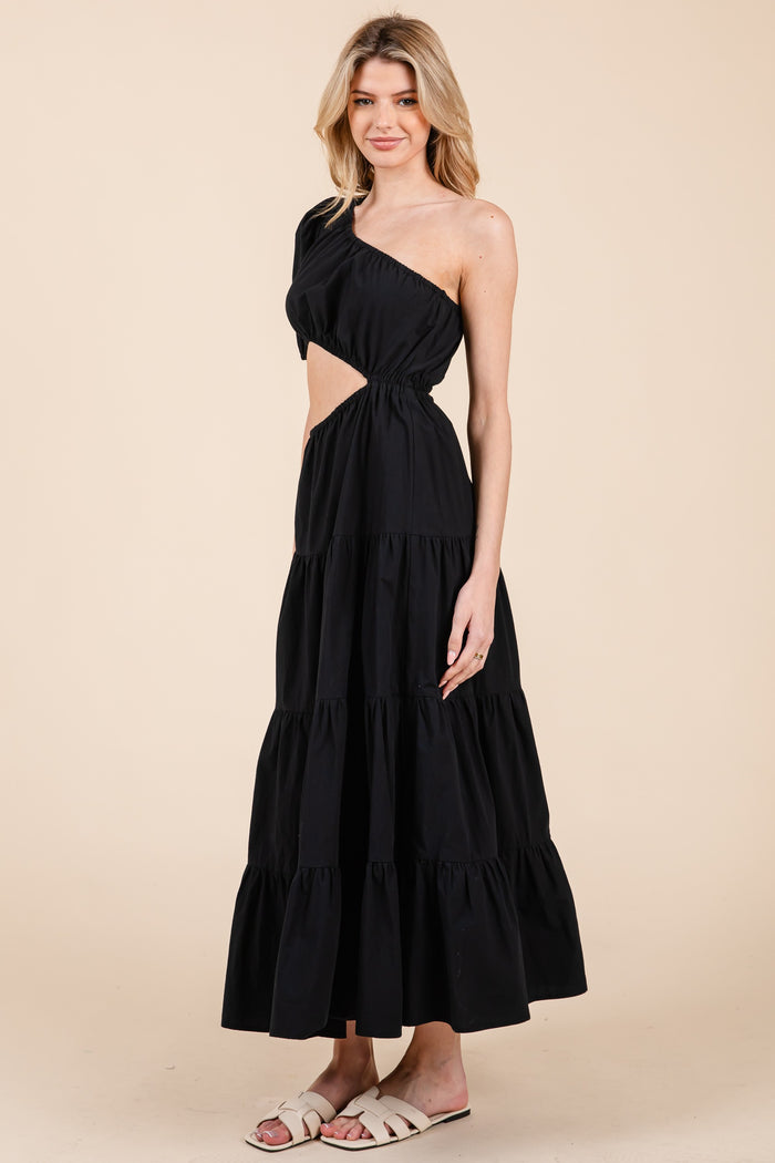 ONE SHOULDER MIDI DRESS - BLACK