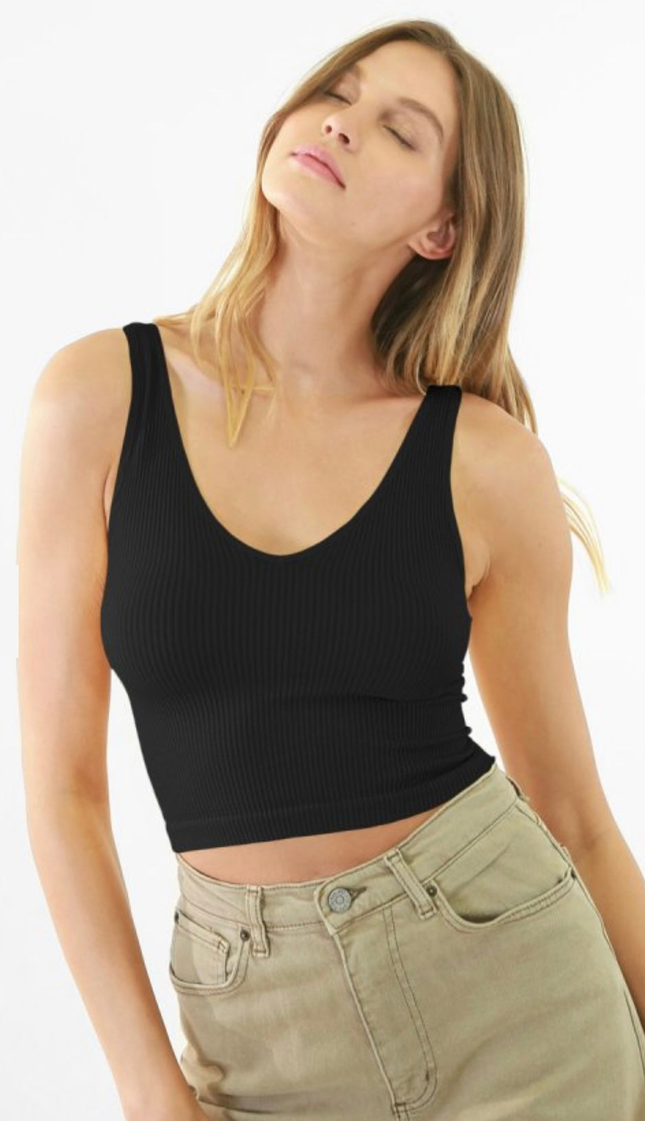 V NECK RIBBED CROP TOP - BLACK