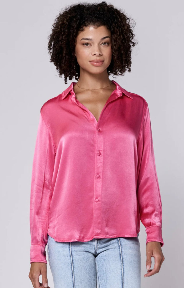 DEAR JOHN: GALINA BUTTON UP LONG SLEEVE RELAXED FIT TOP - RASPBERRY