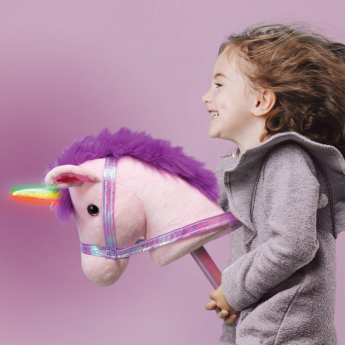 STARLIGHT UNICORN MUSICAL LIGHT UP RIDE-ON STICK HORSE WITH COLOR CHANGING LIGHT UP HORN