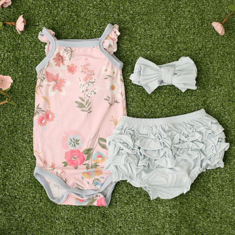 BESTAROO: DITZY FLORAL RUFFLE BUTT ONESIE SET (3-PIECE)