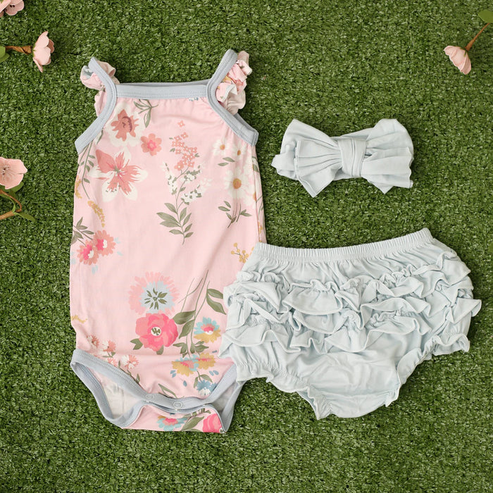 BESTAROO: DITZY FLORAL RUFFLE BUTT ONESIE SET (3-PIECE)