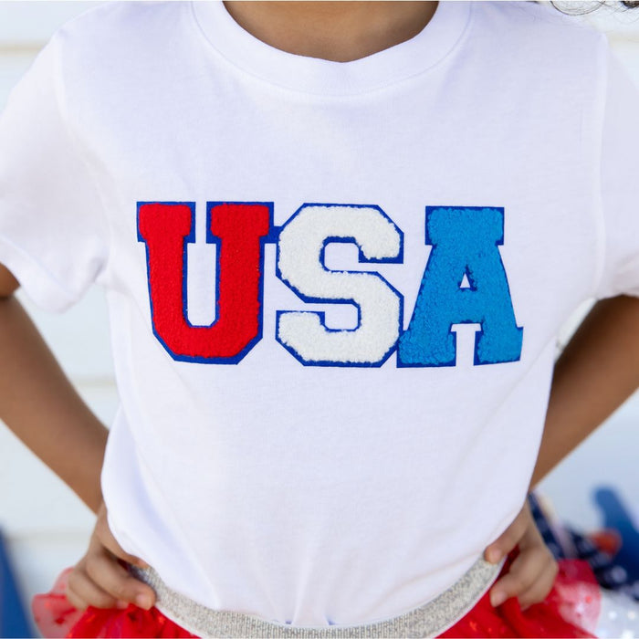 SWEET WINK: USA CHENILLE PATCH SHORT SLEEVE TEE - WHITE