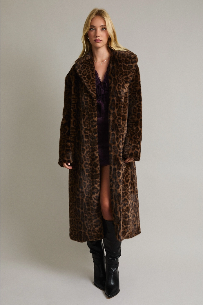 LE LIS: FAUX FUR LONG COAT - BROWN-BLACK ANIMAL PRINT