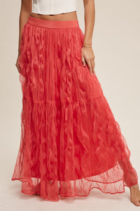 RUFFLED PLISSE MAXI SKIRT - CORAL