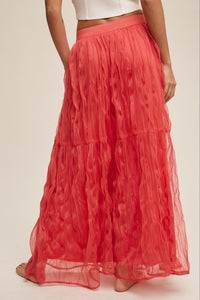 RUFFLED PLISSE MAXI SKIRT - CORAL