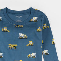 PETIT LEM: CONSTRUCTION TRUCK PRINT ON COBALT BLUE PJ SET