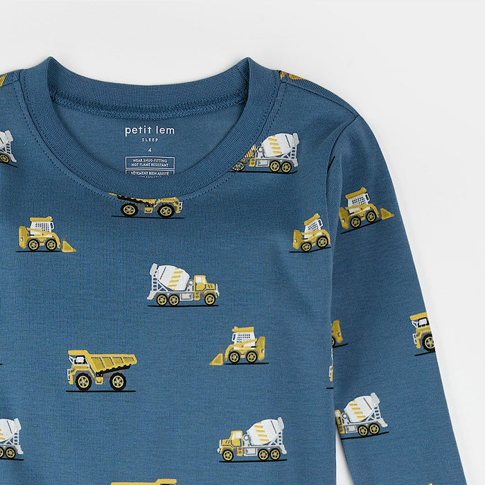 PETIT LEM: CONSTRUCTION TRUCK PRINT ON COBALT BLUE PJ SET