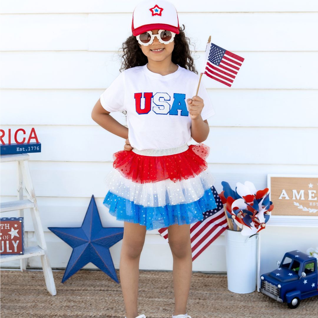 SWEET WINK: USA CHENILLE PATCH SHORT SLEEVE TEE - WHITE