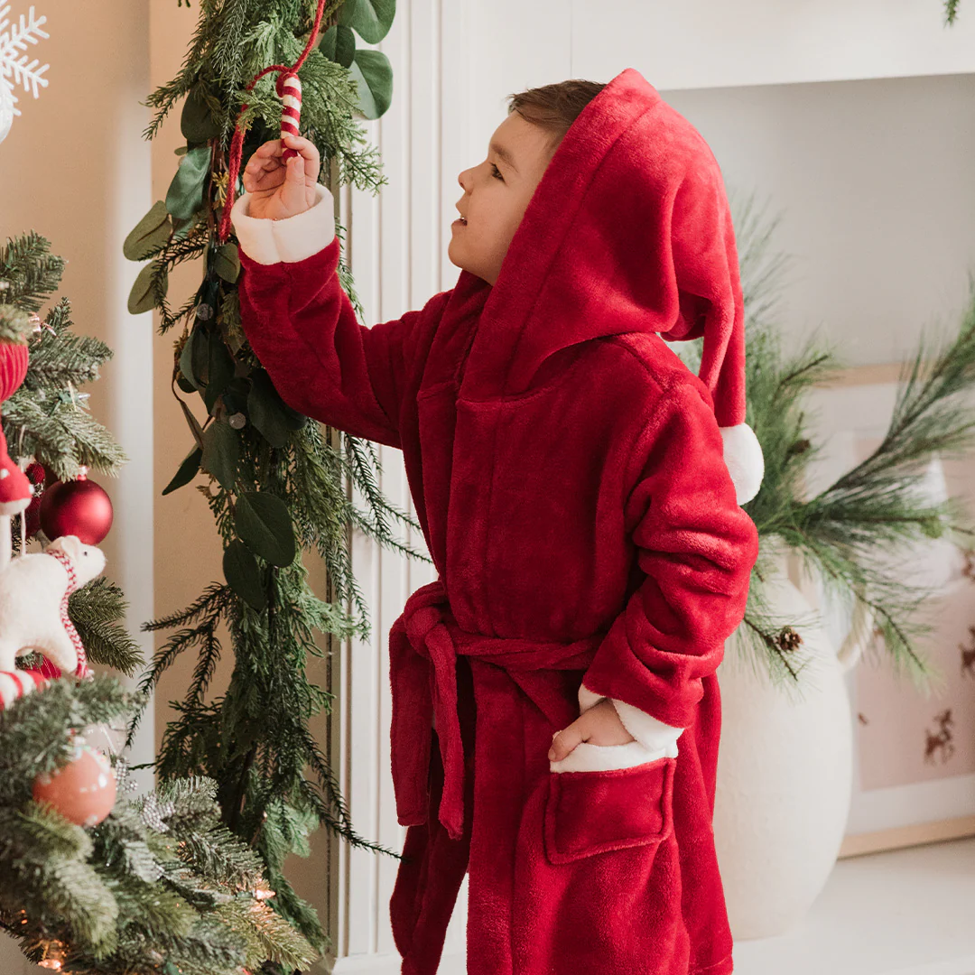 PETIT LEM: SCARLET HOLIDAY PLUSH SANTA HAT HOODED ROBE