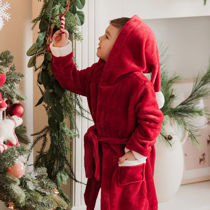 PETIT LEM: SCARLET HOLIDAY PLUSH SANTA HAT HOODED ROBE