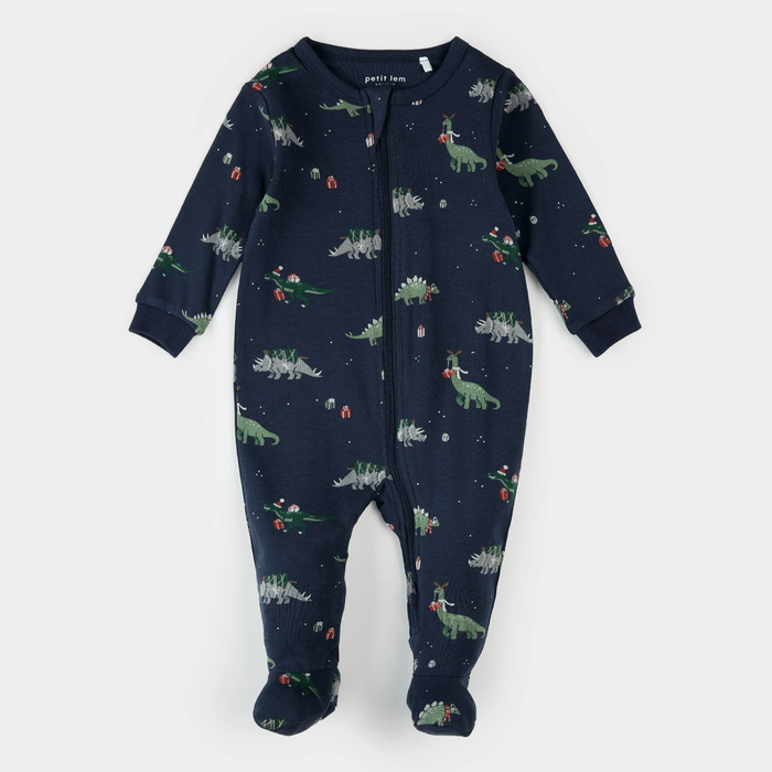 PETIT LEM : HOLIDAY DINOSAUR PRINT ON NAVY SLEEPER