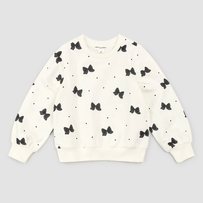 MILES THE LABEL: GLITTER BOW PRINT ON OFF-WHITE SWEATSHIRT & BLACK VELOUR LEGGINGS SET