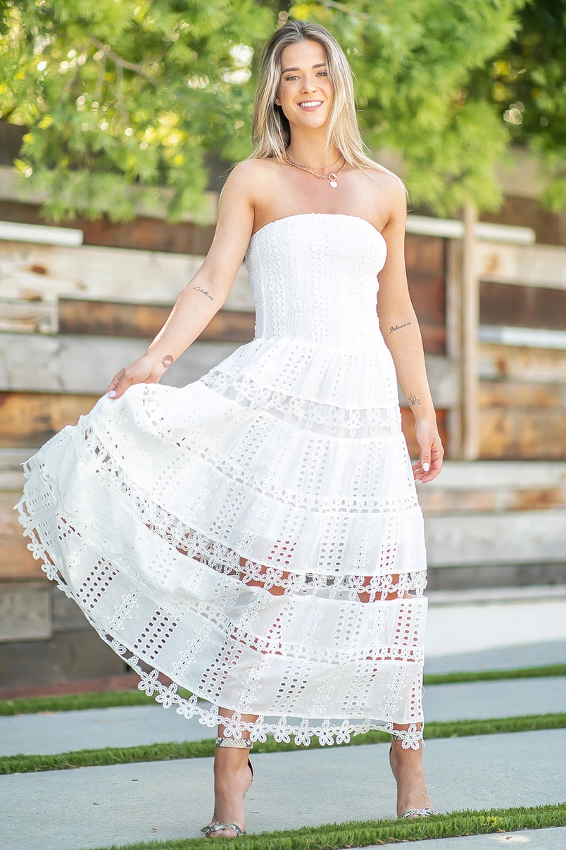 EYELET LACE TUBE DRESS - WHITE