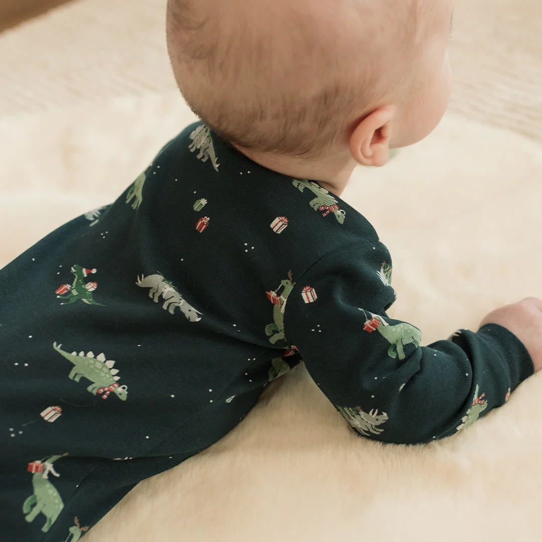PETIT LEM : HOLIDAY DINOSAUR PRINT ON NAVY SLEEPER