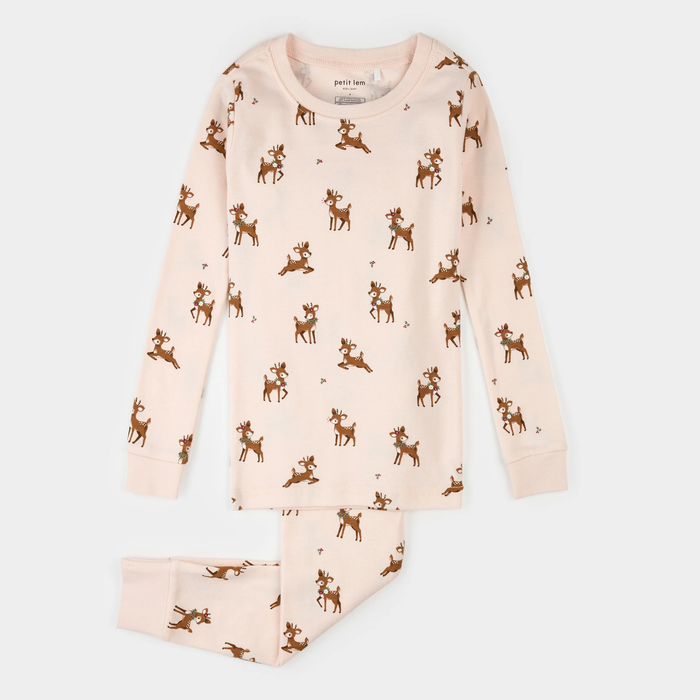 PETIT LEM: REINDEER PRINT ON SOFT PINK PJ SET
