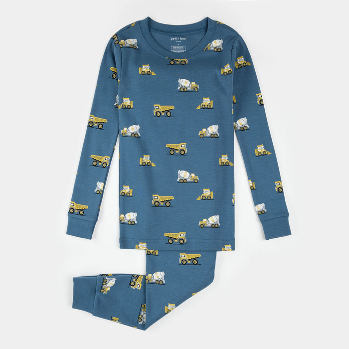 PETIT LEM: CONSTRUCTION TRUCK PRINT ON COBALT BLUE PJ SET