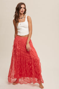RUFFLED PLISSE MAXI SKIRT - CORAL