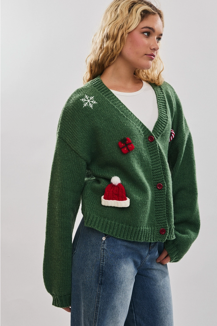 LE LIS: CHRISTMAS KNIT CARDIGAN SWEATER - GREEN