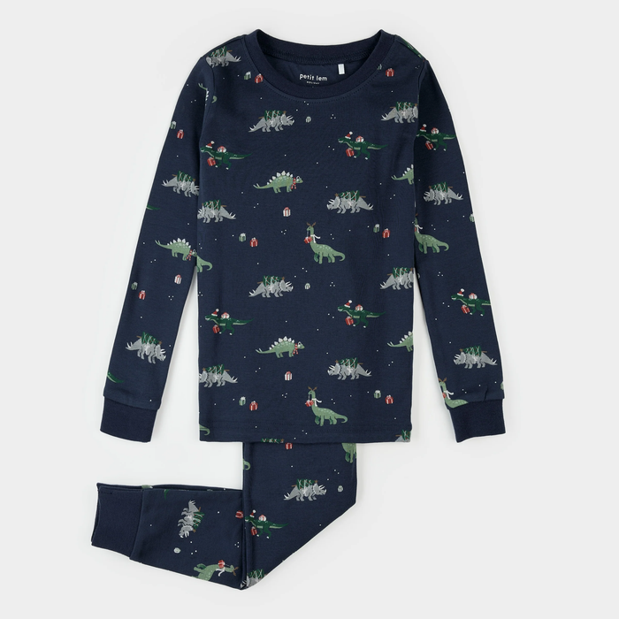 PETIT LEM: HOLIDAY DINOSAUR PRINT ON NAVY PJ SET
