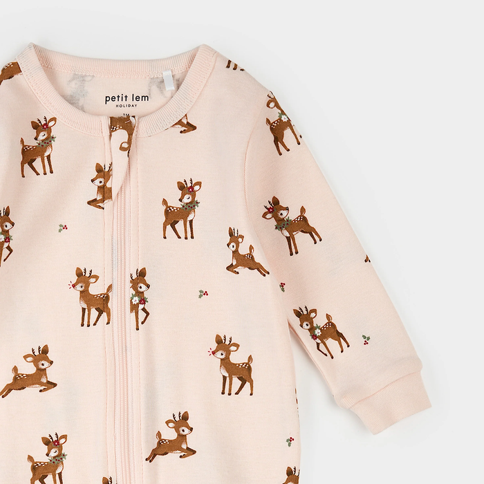 PETIT LEM: REINDEER PRINT ON SOFT PINK SLEEPER