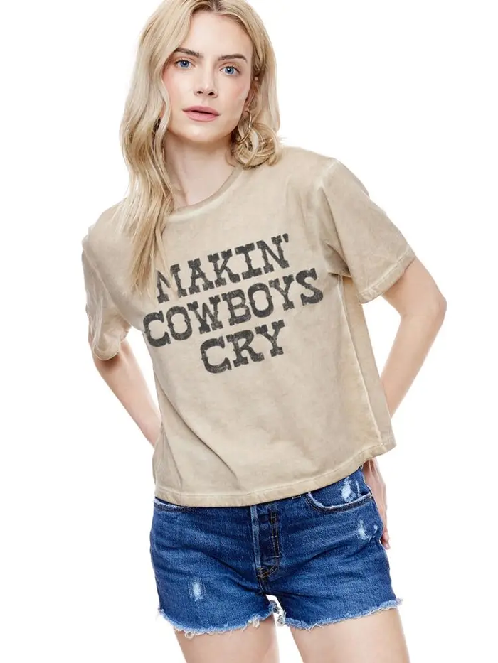 ZUTTER: MAKIN' COWBOYS CRY GRAPHIC LUNAR DYE FAUX CROP - TAUPE
