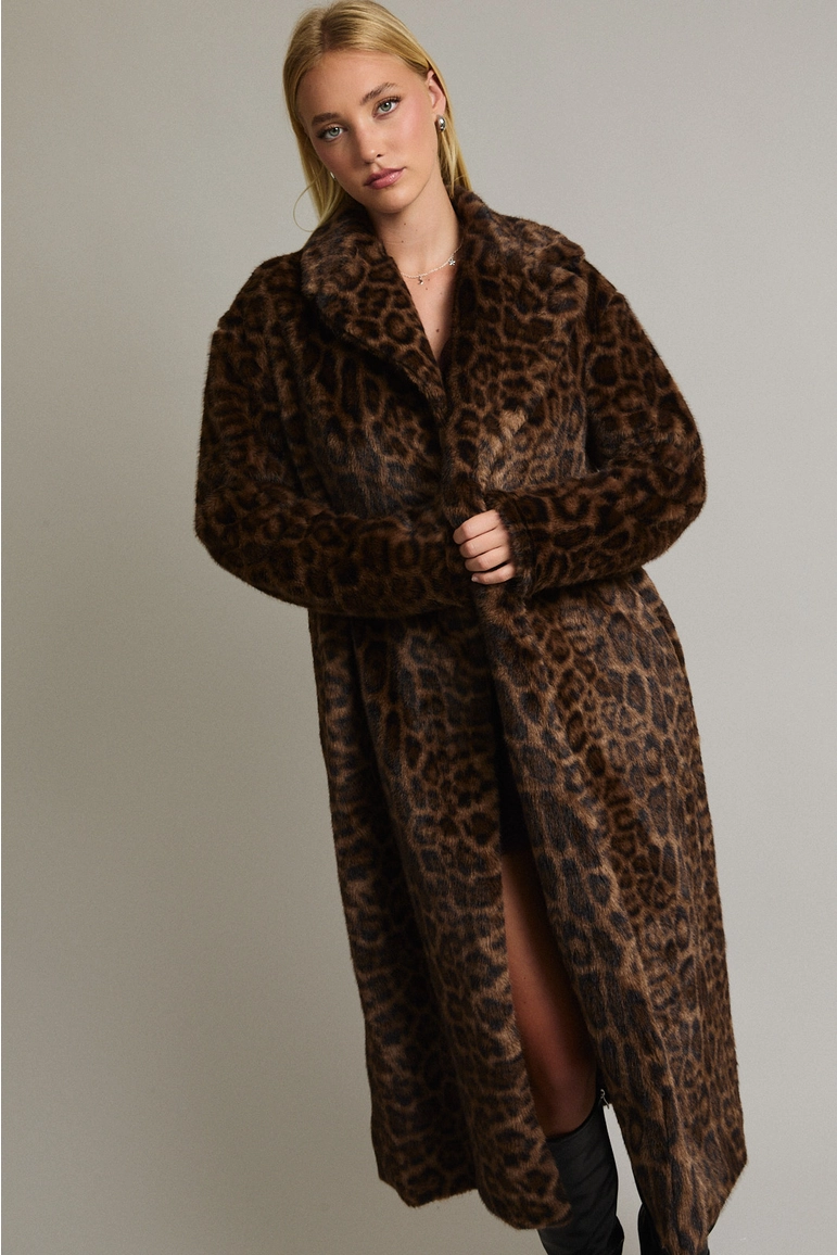 LE LIS: FAUX FUR LONG COAT - BROWN-BLACK ANIMAL PRINT
