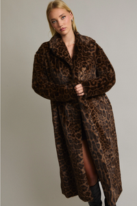 LE LIS: FAUX FUR LONG COAT - BROWN-BLACK ANIMAL PRINT
