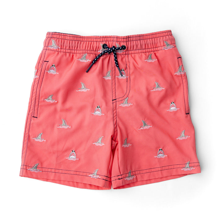 SHADE CRITTERS: SHARK BITE BOYS 4 WAY STRETCH WATER APPEARING EMBROIDERED SWIM TRUNKS