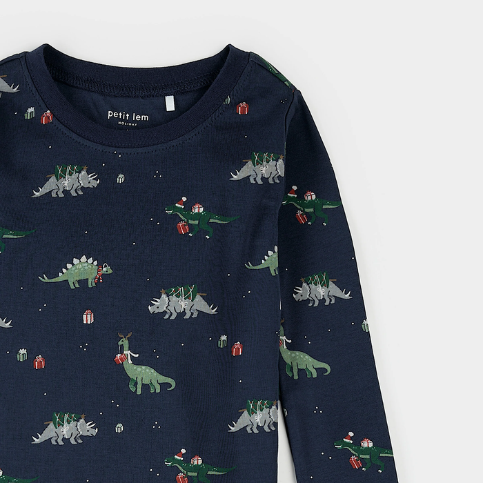 PETIT LEM: HOLIDAY DINOSAUR PRINT ON NAVY PJ SET