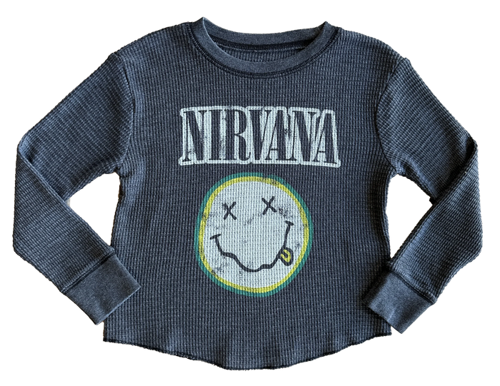ROWDY SPROUT: NIRVANA SMILEY FACE UNISEX THERMAL - VINTAGE BLACK