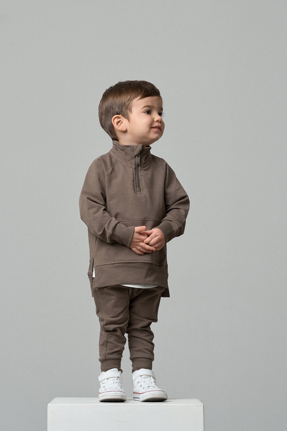 LITTLE BIPSY: QUARTER ZIP PULLOVER & JOGGER SET- COCOA