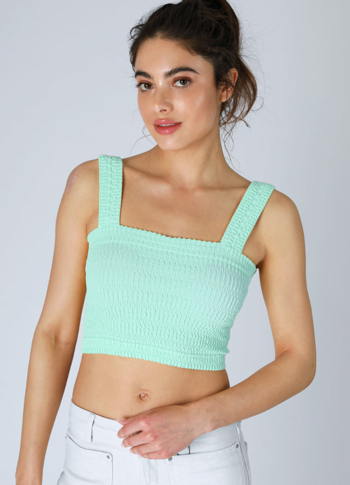 SHIRRED SQUARE NECK CROP TOP - ISLAND AQUA